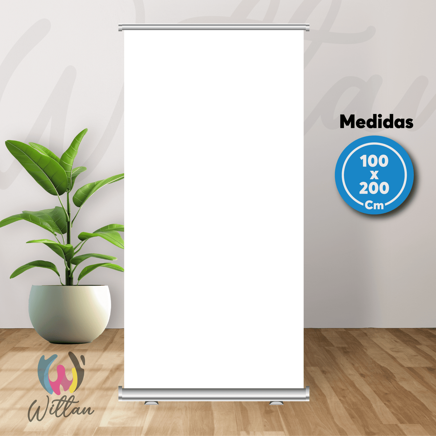 Roller publicitario personalizado 100x200 cm en color blanco con soporte portátil, ideal para exhibiciones y stands.