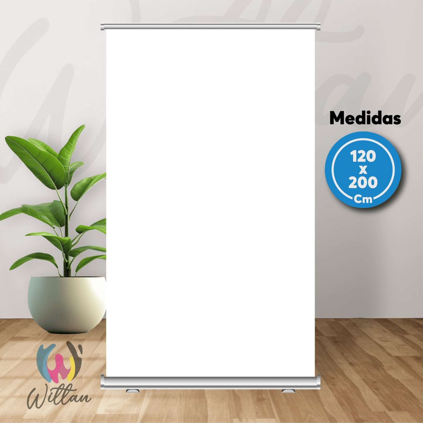 Roller banner 120x200 cm en color blanco, estructura resistente con soporte portátil y bolso de transporte.