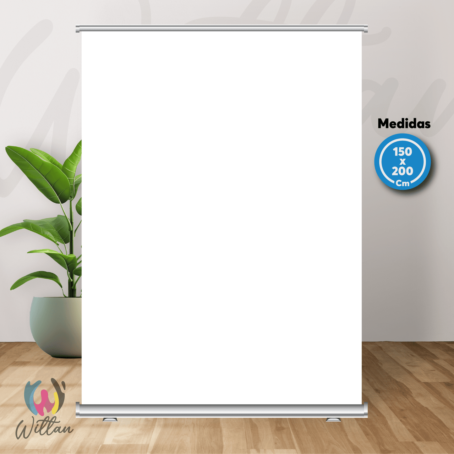 Roller banner 150x200 cm en color blanco con estructura resistente y bolso de transporte, ideal para stands y promociones.