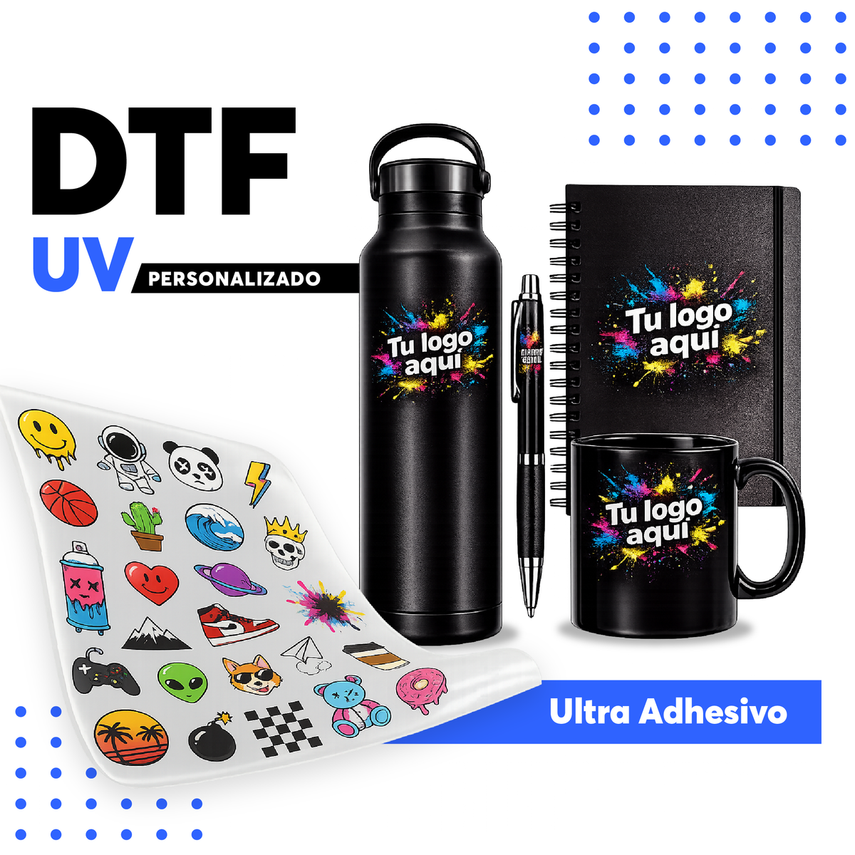 DTF UV personalizado para superficies rígidas con impresión a color, blanco y barniz