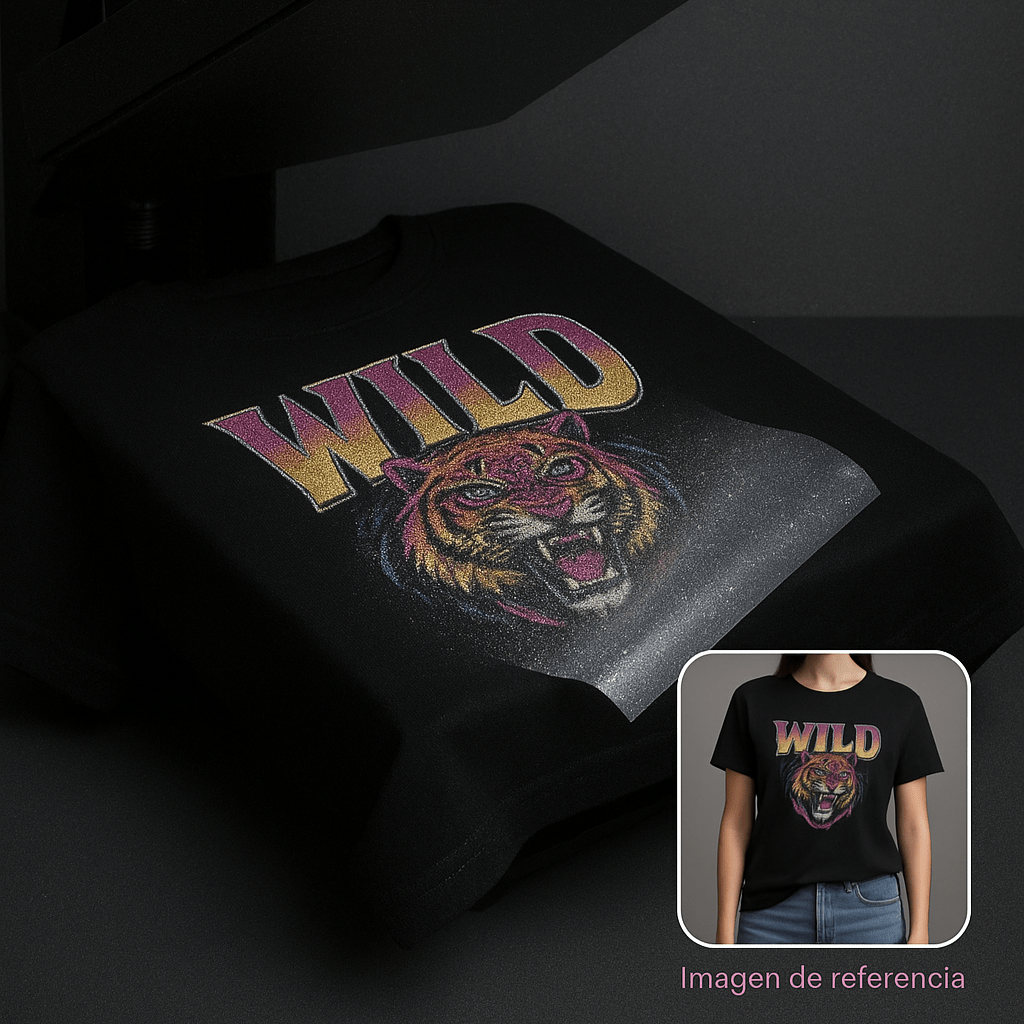 Impresión DTF Textil Glitter personalizada con acabado brillante para prendas. Crea tu lienzo online, sube tus diseños y recibe tu impresión lista para estampar en Chile.