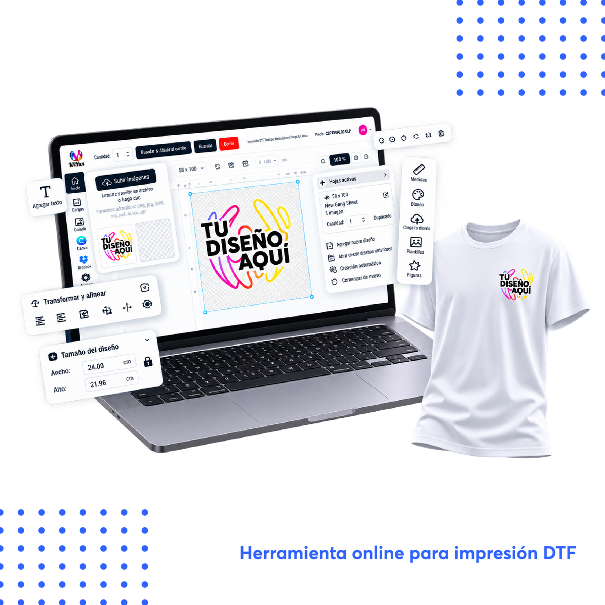 Crea tu lienzo DTF textil personalizado online con tus propios diseños