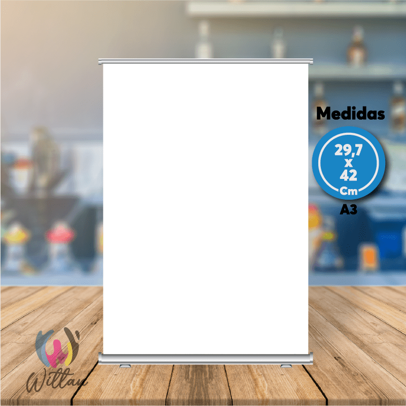 Roller publicitario A3 en blanco listo para personalizar con logos y diseños corporativos para empresas y pymes
