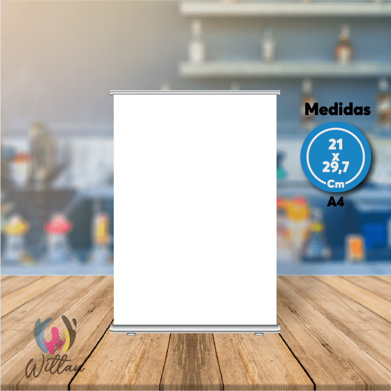 Roller publicitario A4 en blanco ideal para personalizar con logos, promociones y publicidad corporativa