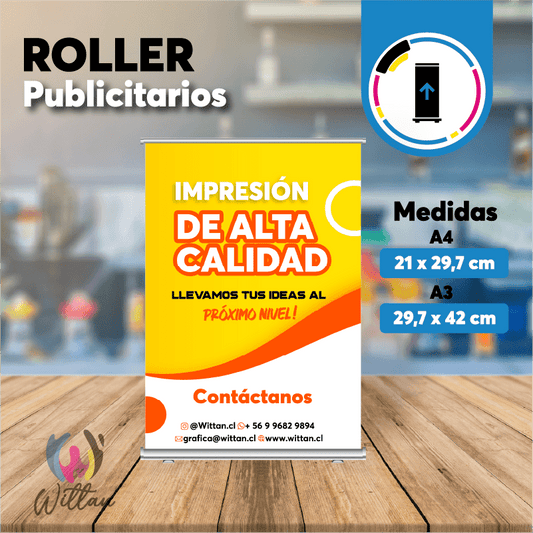 Roller publicitario A4 personalizado con impresión full color para ferias, stands y eventos en Chile